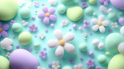 Pastel flowers and round shapes on a light teal background.