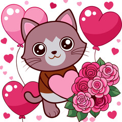 Valentine’s Day cat holding a heart-shaped balloon, surrounded by roses, confetti, and soft pink tones.

