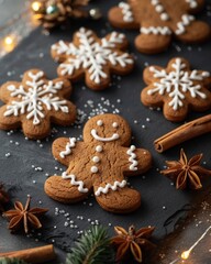 Gingerbread Cookies on a Slate Surface with Winter Decorations