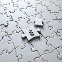 Close-up of a white jigsaw puzzle with a financial growth and economy theme, featuring a puzzle piece with a dollar sign symbol amidst other pieces with abstract textures