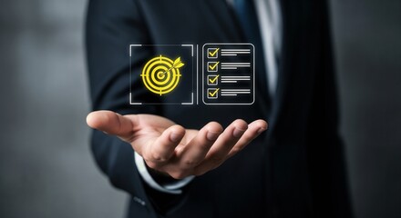 A businessman in a suit holding a holographic interface with a yellow target icon and a checklist, symbolizing business objectives, strategic planning, and goal achievement.