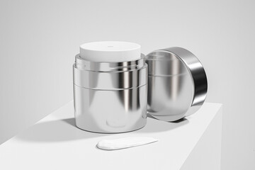 Airless cream jar mockup, facial cream in silver vacuum bottle, luxury metallic skincare packaging, cylindrical cosmetic jar with chromatic metallic texture, Double Walled refillable Cream container