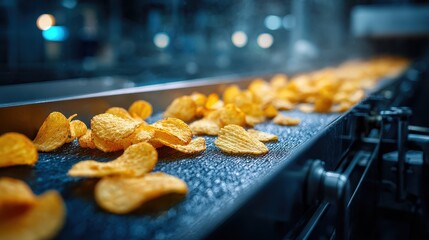 Potato chips on a blue conveyor belt in a factory setting. Ideal for illustrating food production, industrial processes, or snacks.