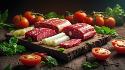 Fresh beef cuts and vegetables arranged on a rustic wooden board.