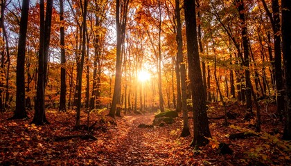 Obraz premium Autumn forest path bathed in sunlight