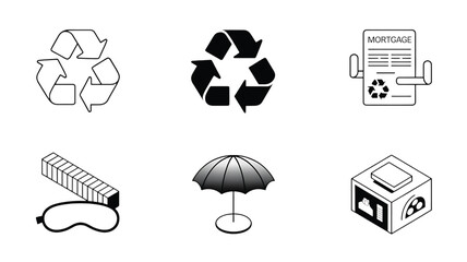 Set of Black and White Minimalist Icons Featuring Recycling Mortgage Beach and Sleep Concepts in Simple Vector Design