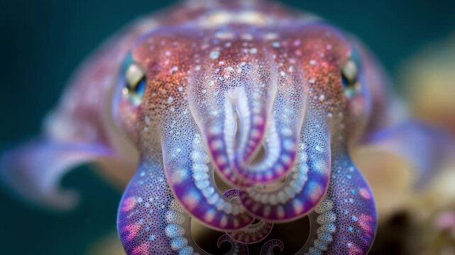 Vibrant cuttlefish with curled purple tentacles in a beautiful display. Extreme macro photography of a colorful marine cephalopod underwater.