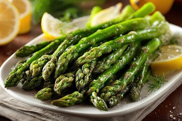 Cooked green asparagus with lemon wedges sits on a white plate. Use this food image to show a healthy veggie side dish.