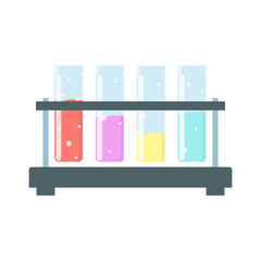Set, four test tubes of green yellow pink red liquid in a dark rack on a white background, capsules, test tubes