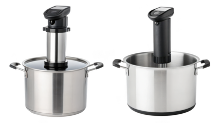 sous vide cookers are shown in stainless steel pots ready for precise temperature