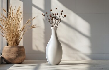 Minimalist white vase with dried flowers and oak wooden pot on floor against light wall, bathed in natural sunlight casting soft shadows for serene interior decor