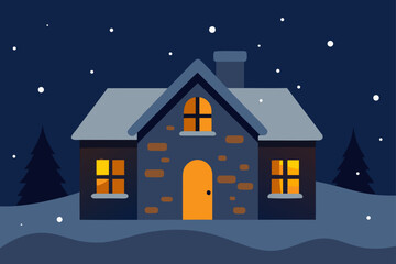 Naklejka premium old stone house in heavy snow with warm interior