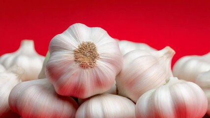 Close-up of fresh garlic on a bright red background. Ideal for culinary themes, healthy eating and natural ingredients.