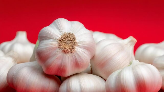 Close-up of fresh garlic on a bright red background. Ideal for culinary themes, healthy eating and natural ingredients.
