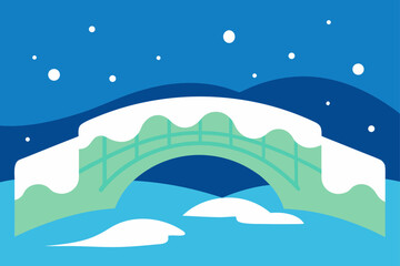 snowfall over old stone bridge crossing frozen stream