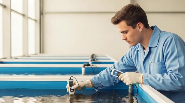 Young male scientist in a lab coat testing water quality with digital meters. Man working at an aquaculture or fish farming facility.