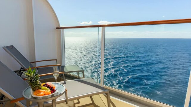 Scenic ocean view from cruise ship balcony with deck chairs, table, drinks, and fresh fruit