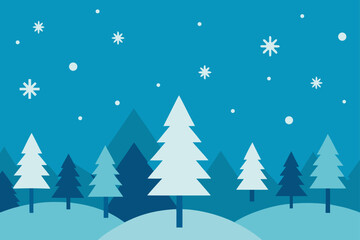 snowflakes gently falling over tall pine trees