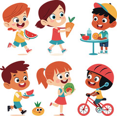 Funny cartoon kids and people set with smiling children and friends illustration vector