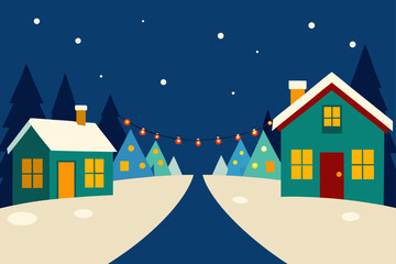 village street with snow and festive lights