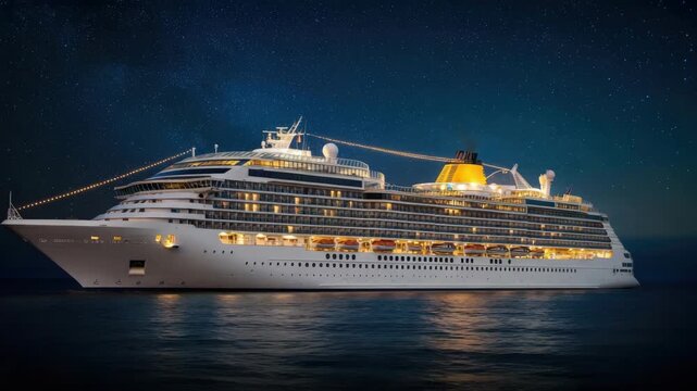 Illuminated cruise ship sailing at night with starry sky backdrop