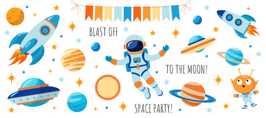 a large set of cute space elements. Decor for a party. Planets, stars, rockets, an alien and an astronaut. Simple vector illustration