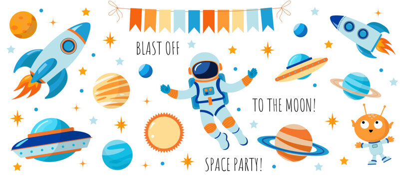 a large set of cute space elements. Decor for a party. Planets, stars, rockets, an alien and an astronaut. Simple vector illustration