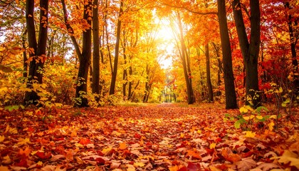 Autumn forest path. Sunlight through trees