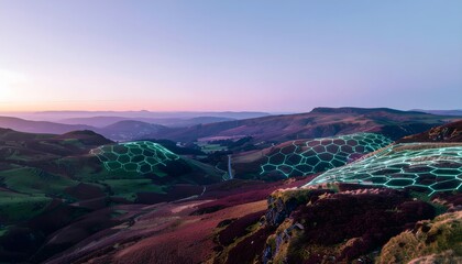 Futuristic Landscape: Glowing Hexagonal Grids Overlaying Rolling Hills at Dusk