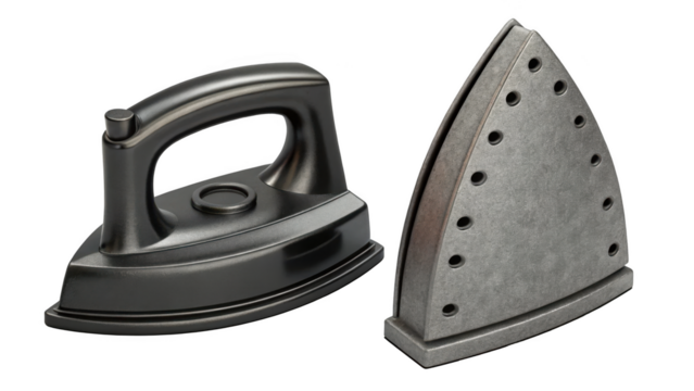 An antique metal iron and its base are displayed on a transparent