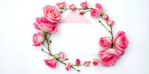 Elegant pink rose floral frame surrounds a paper envelope and calligraphy card Flat lay, white background,   floral arrangement,   beautiful