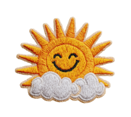 Cheerful sun patch with a smiling face and fluffy clouds
