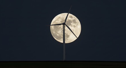 Wind Turbines Windmill Energy. Full moon behind a wind turbine at night, showcasing renewable energy.