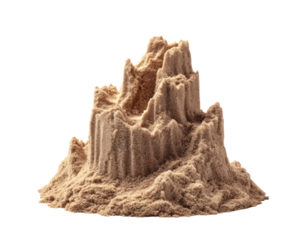 Sand art creation resembling a mountain at a beach in summer