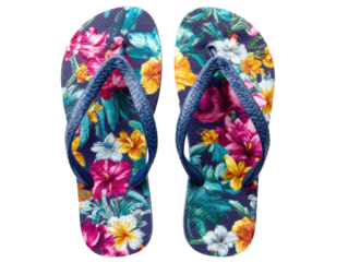 Colorful floral flip flops on a bright summer day