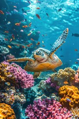 Fototapeta premium Colorful Coral Reef with Sea Turtle Swimming Among Tropical Fish