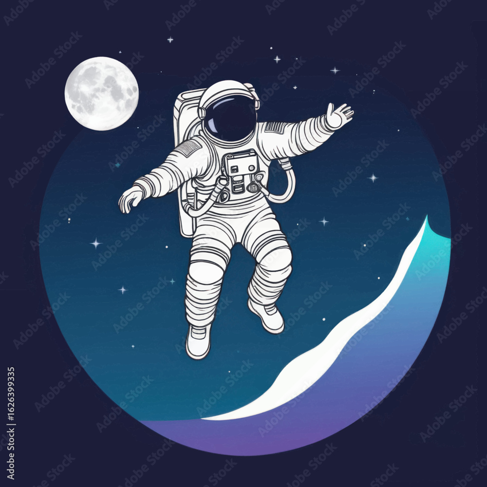 Wall mural astronaut floating in space near moon and stylized mountain range.