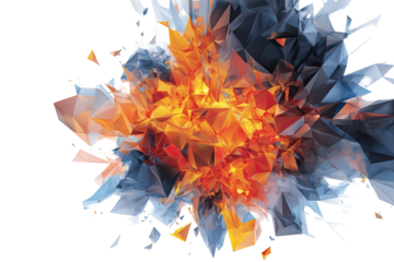 Abstract explosion of geometric shapes in orange, gray, and white. A dynamic, fragmented, crystalline burst against a black background