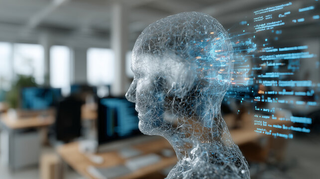 Digital human head with neural network and code overlay in an office setting - Powered by Adobe