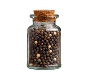 Various types of peppercorns in a clear glass jar on display