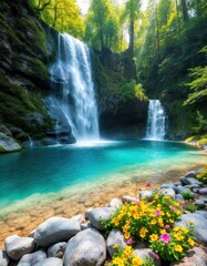 Fototapeta premium A vivid waterfall cascades into a turquoise pool surrounded by lush greenery, river stones, and blooming wildflowers in bright sunlight – AI Generated Digital Art