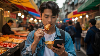 Energetic young man experiencing local street food culture at vibrant outdoor market with smartphone in hand