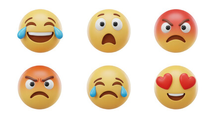 Fototapeta premium Six expressive emoji faces isolated on transparent background