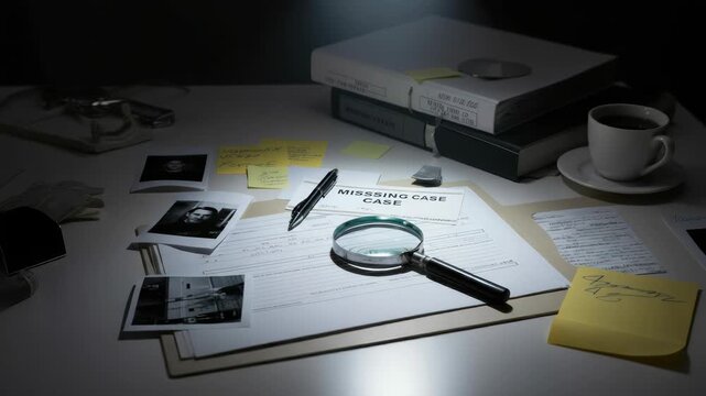 Desk with magnifying glass, documents, and coffee cup, missing case investigation