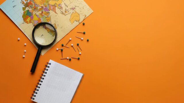 Flat lay of travel planning essentials on orange background