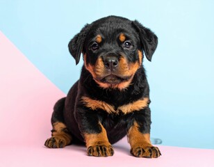 Obraz premium Cachorro de Rottweiler Adorable con Flores y Fondos Pastel, Generated image