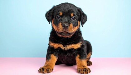 Obraz premium Cachorro de Rottweiler Adorable con Flores y Fondos Pastel, Generated image