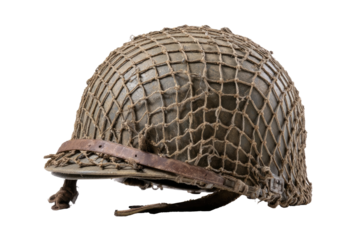 WWII military helmet,  tan net, leather strap