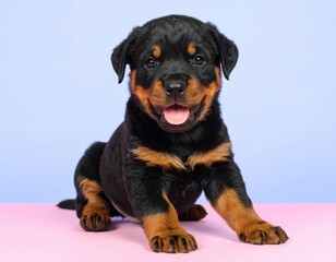 Obraz premium Adorable Rottweiler Puppy with Blossoms and Pastel Backgrounds, Generated image