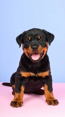Obraz premium Adorable Rottweiler Puppy with Blossoms and Pastel Backgrounds, Generated image